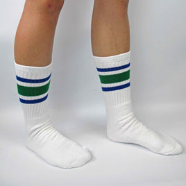 Skater Socks 19" White w Royal Blue and Green Stripes