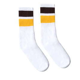 SOCCO Brown & Gold Bold 2-Striped | White Mid Socks