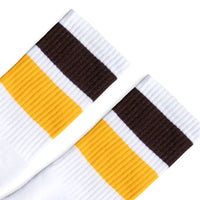 SOCCO Brown & Gold Bold 2-Striped | White Mid Socks