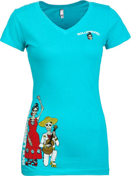 Bones Womens T-shirt Day of the Dead Dancing  Turquoise